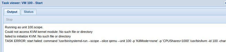 Could not access KVM kernel module error when starting a Proxmox VM